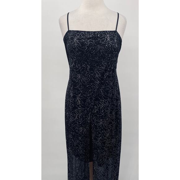 Vintage Y2k Maxi Overlay Glitter Floral Dress Split Front Gown Black Silver - Picture 3 of 11